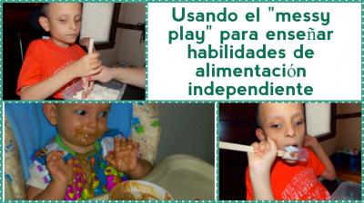 en la imagen se puede observar 3 fotografías de niños alimentandose de manera independiente utilizando el messy play