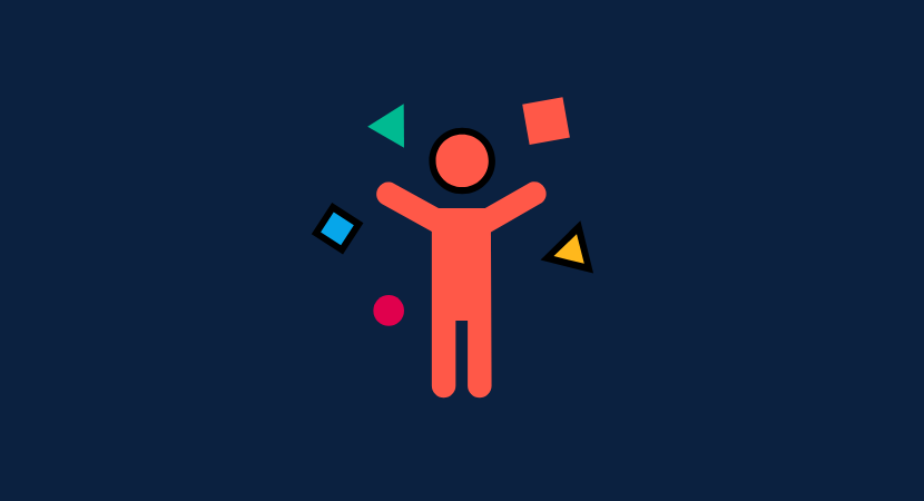 Ilustración de una figura humana rojo presentando información frente a un gráfico o pantalla azul.