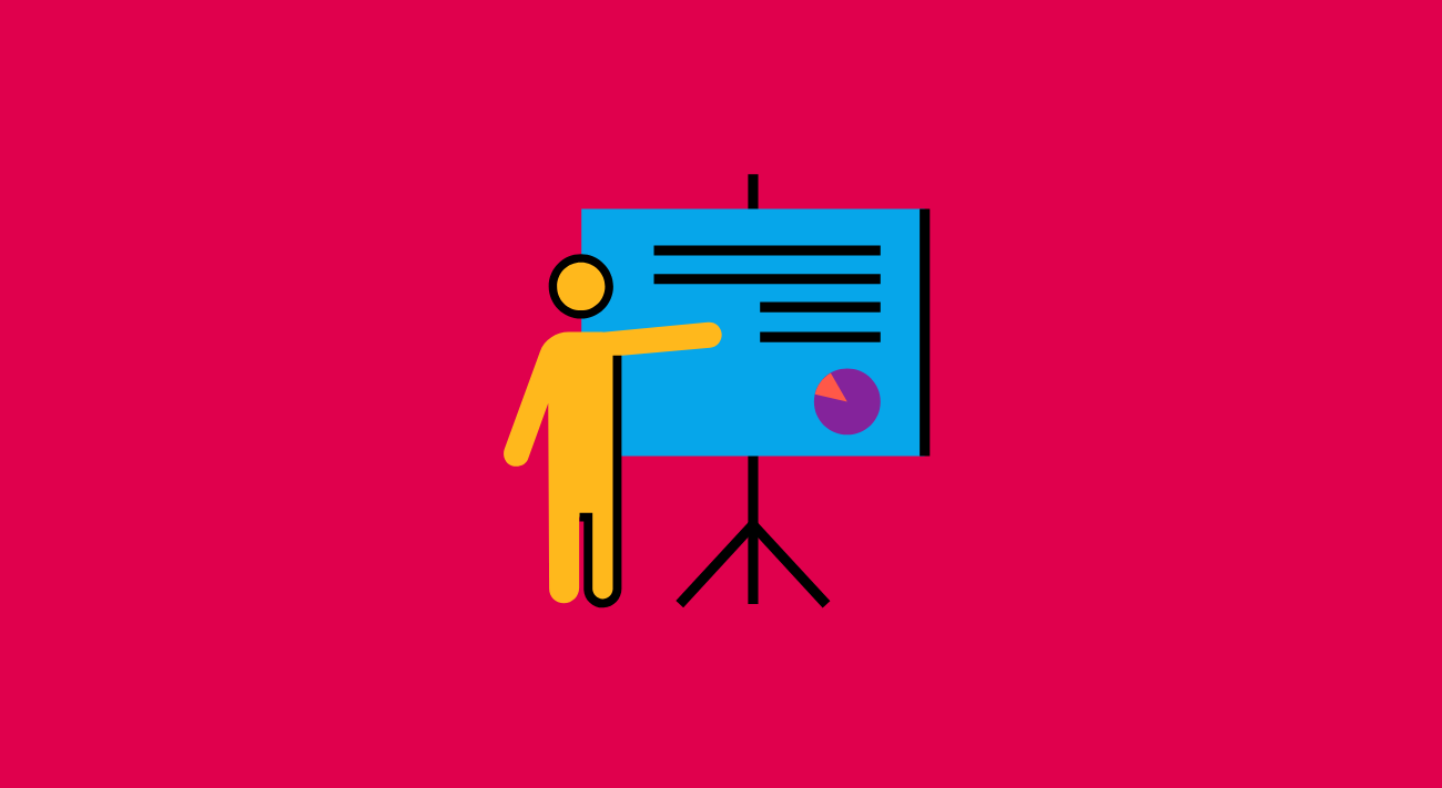 Ilustración de una figura humana amarilla presentando información frente a un gráfico o pantalla azul con datos, líneas de texto y un gráfico circular, sobre fondo rosa vibrante. Representa el concepto de educación, capacitación y presentación de contenido educativo