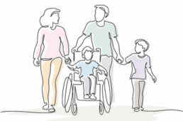 Dibujo lineal de una familia de cuatro miembros. Una mujer y un hombre caminan junto a un niño en silla de ruedas, mientras otro niño camina junto a ellos, cogido de la mano del hombre.