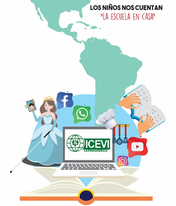 Los ninos nos cuentan la escuela en casa. Una mapa de America Latina mas simbolos de redes sociales, una computadora, una princesa, y el logo de ICEVI