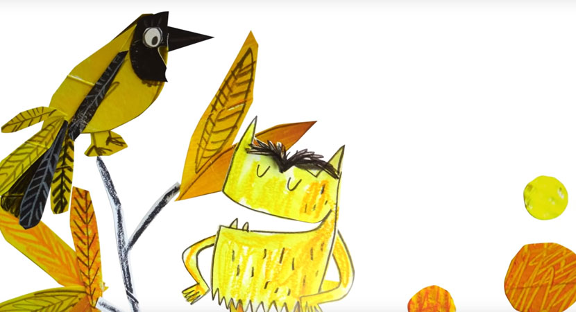 Ilustracion en la que un pajaro y un montruo amarillo hablan de las emociones