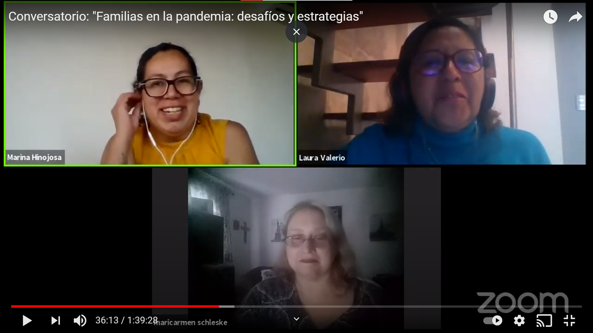 Captura de pantalla de sesión Zoom, en la imagen se ve a Marina Hinojosa, Laura Valerio y en la parte inferior Mary Carmen Schleske