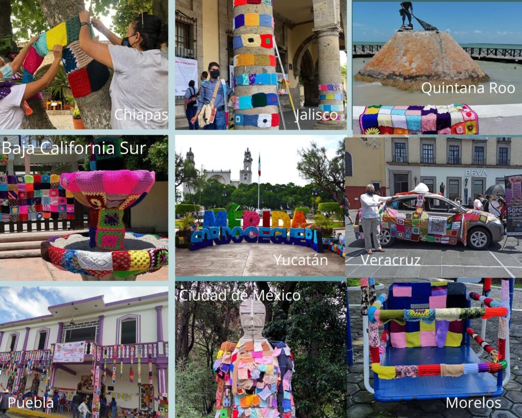 Imagen: Collage de fotos adornados con cuadritos tejidos 1)  Chiapas:dos mujeres cubren un árbol 2) Jalisco: Un joven junto a una columna decorada con tiras 3)Quintana Roo: Una fuente con estatua de un pescador a la orilla de la fuente s encuentra un tramo cubierto 4) Baja California Sur: una fuente  , atrás una reja adornadas 5) Yucatán: el letrero de Mérida, adelante un letrero que dice sordoceguera, atrás se encuentra adornado. 6) Veracruz: Auto decorado en su totalidad 7) Puebla: un edificio con balcón, del balcón caen tiras adornadas, la pared se encuera parcialmente decorada al igual que las columnas 8) Ciudad de México:  estatua decorada 9) Morelos: columpio para silla de ruedas decorado