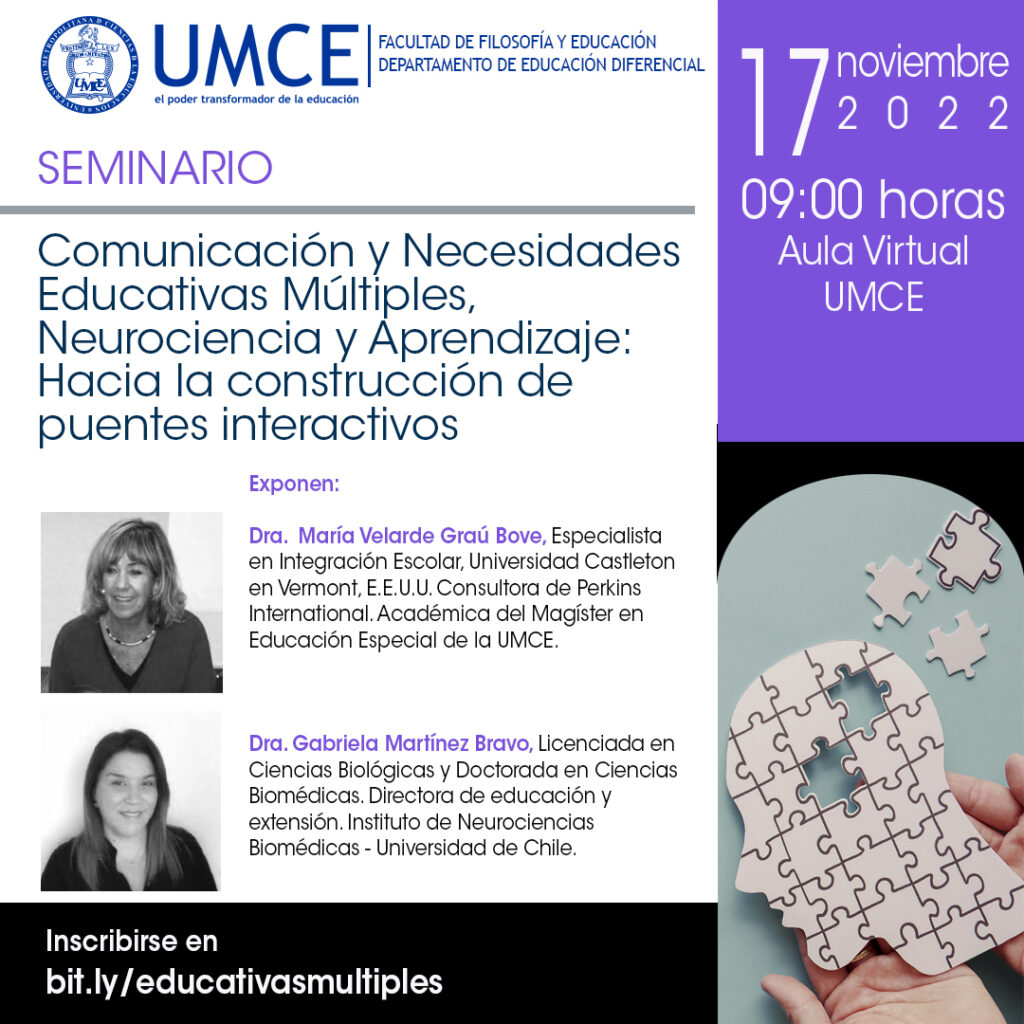 Seminario propuesto por la Facultad de Filosofía y Educación - Departamento de Educación Diferencial .
17 de noviembre a las 9 am hora Chile.