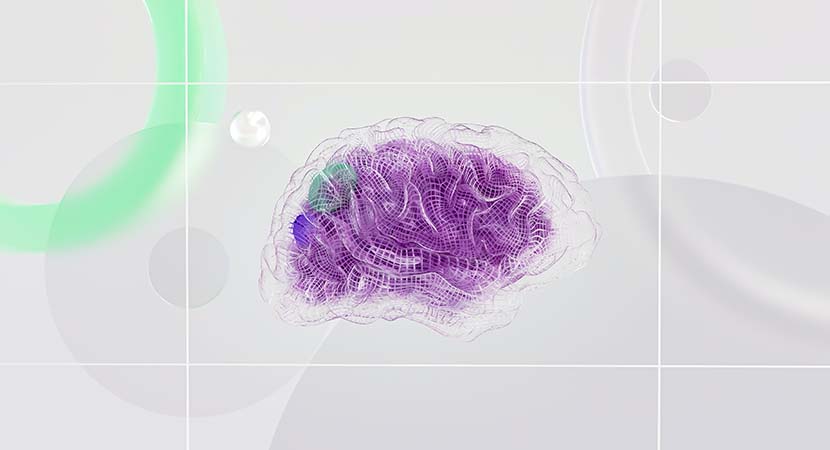 Una cerebro purpura flotando en el espacio tridimiencional