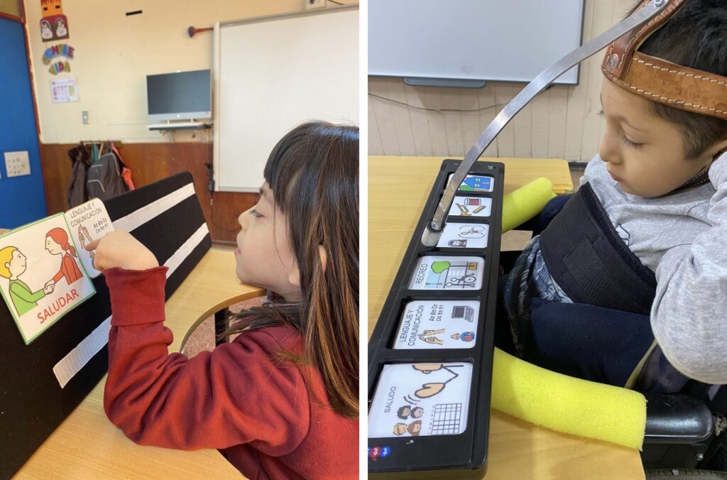 Dos fotos, la de la izquierda es una niña en frente de un tablero negro con fotos estudiando lenguaje y comunicación; la foto de la izquierda tiene a un niño en frente de un tablero con un calendario, y el estudiante tiene un dispositivo adaptado en su cabeza que lo ayuda a señalar la próxima tarea.