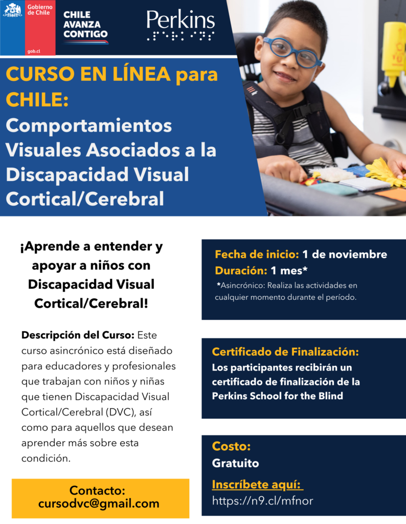 Folleto promocional de un curso en línea en Chile sobre conductas visuales asociadas al deterioro visual cortical/cerebral. Incluye detalles del curso, duración, información del certificado, correo electrónico de contacto y un código de sítio para la inscripción.