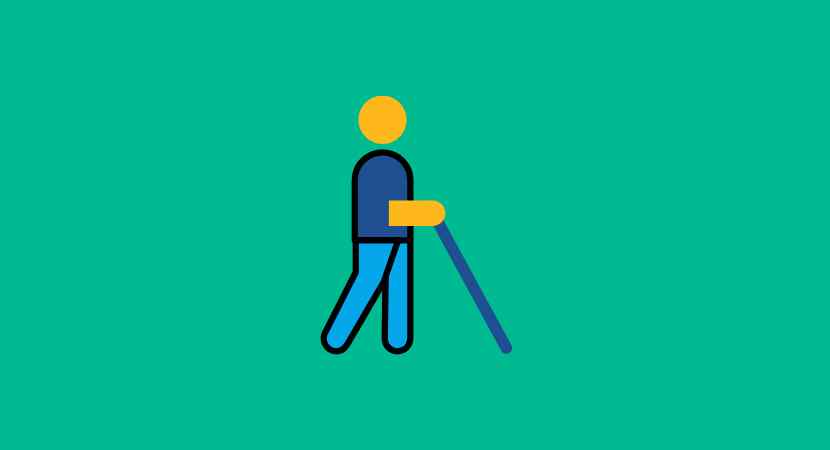 Una ilustración simple de una persona que usa un bastón blanco, que simboliza discapacidad visual o ceguera, sobre un fondo verde azulado sólido.