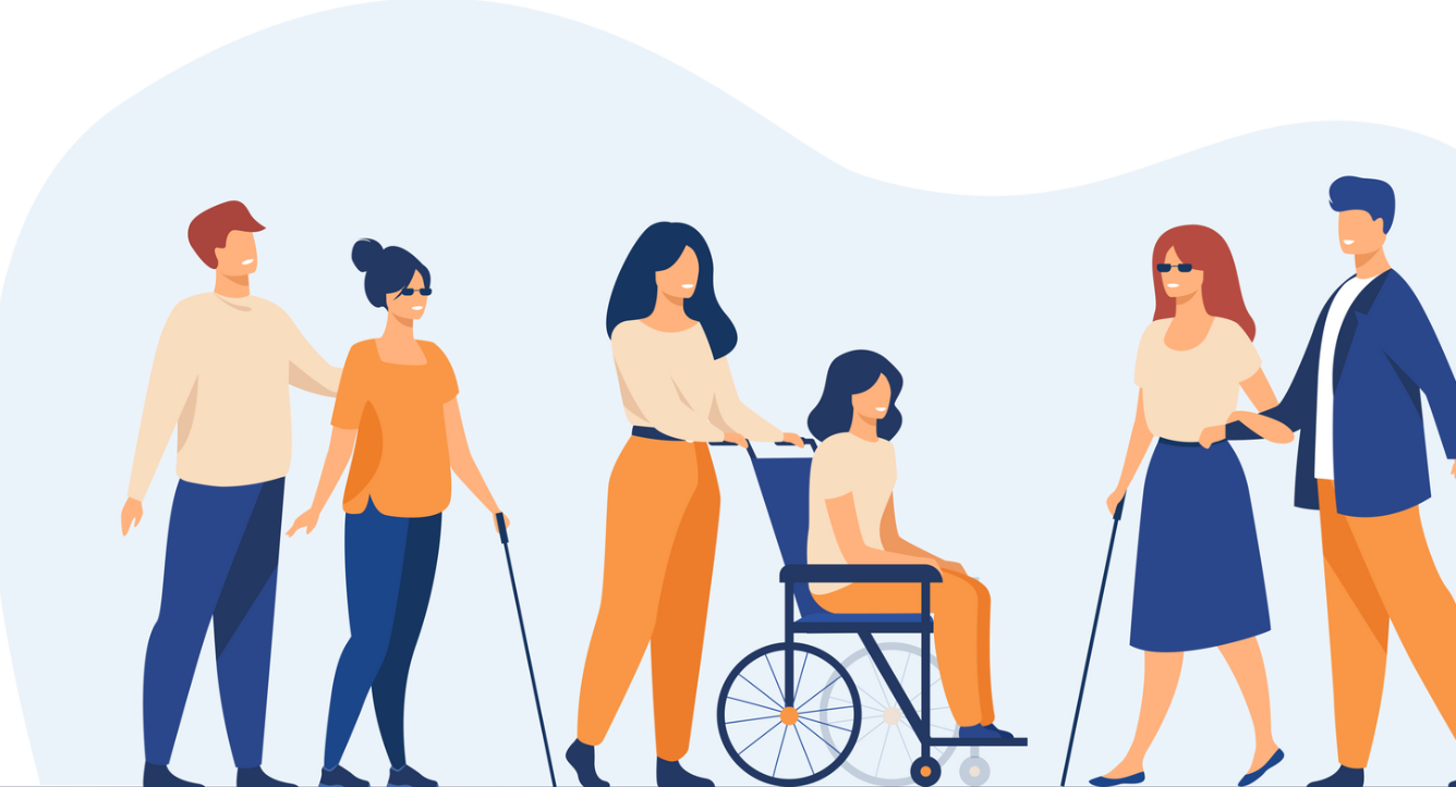 Dibujos animados de tres pares de personas usando colores azul, naranja y beige. Dos de las parejas tienen una persona usando un bastón blanco mientras sostiene el brazo de su pareja. El par medio es una persona en una silla de ruedas y la otra ayuda a empujarla.