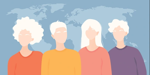 Ilustración de cuatro personas sin rostro, con pelo blanco y tonos de piel claros, de pie delante de un fondo de mapamundi. Llevan camisetas naranjas, amarillas, rosas y moradas.