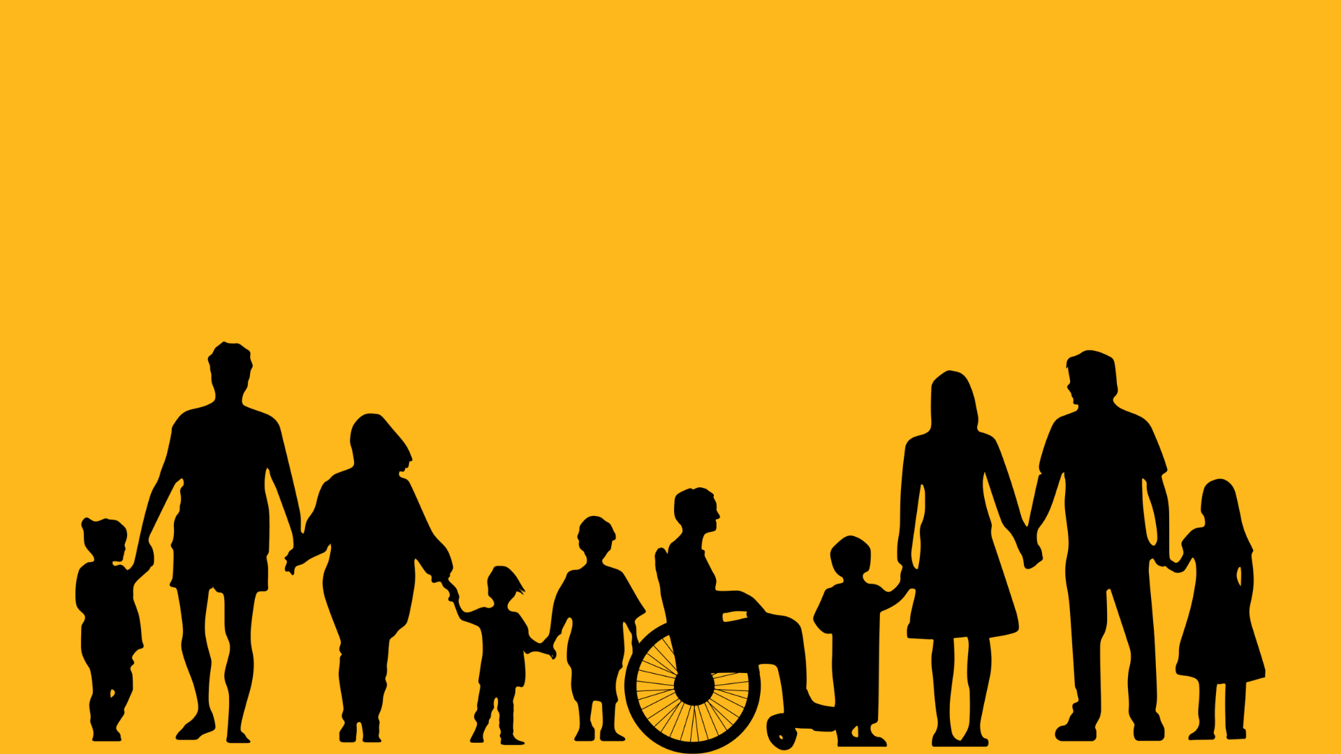 Siluetas de varias familias, incluidos adultos, niños y un niño en silla de ruedas, cogidos de la mano sobre un fondo amarillo brillante.