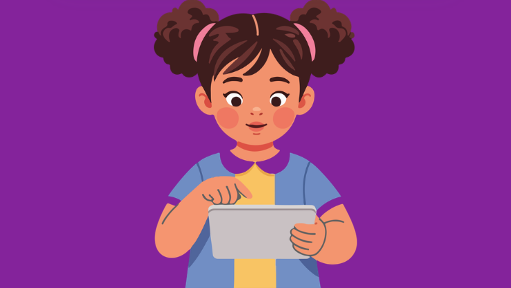 Ilustración de una joven con el pelo castaño recogido en coletas, vestida con una camiseta azul y amarilla, sonriendo y utilizando una tableta sobre un fondo morado.