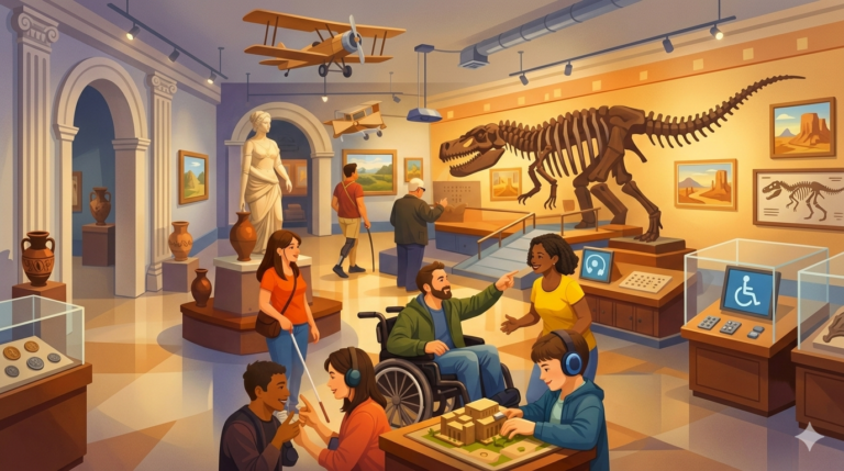 Uma cena animada de museu com diversos visitantes, incluindo pessoas em cadeiras de rodas e crianças usando modelos táteis e guias de áudio, cercados por exposições como esqueletos de dinossauros, esculturas e aviões.