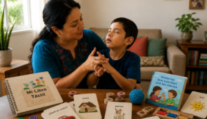 Una mujer y un niño están sentados a una mesa con libros táctiles y materiales didácticos, entre los que se incluyen «Mi Libro Táctil» e «Historias que cuentan con las manos». El niño le toca la mano a la mujer mientras interactúan.