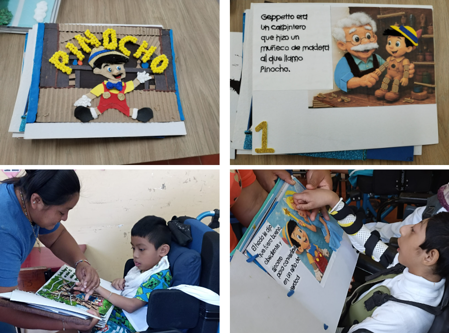 Screenshot 2026-09-08 165057 Las cuatro imágenes muestran un libro táctil de cuentos de Pinocho, a dos niños interactuando con él y páginas ilustradas en las que aparecen Pinocho, Geppetto y un texto que describe el cuento.